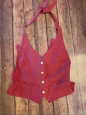 Son de Flor Wine Tie-Halter Button-Front Backless Linen Vest Sz M